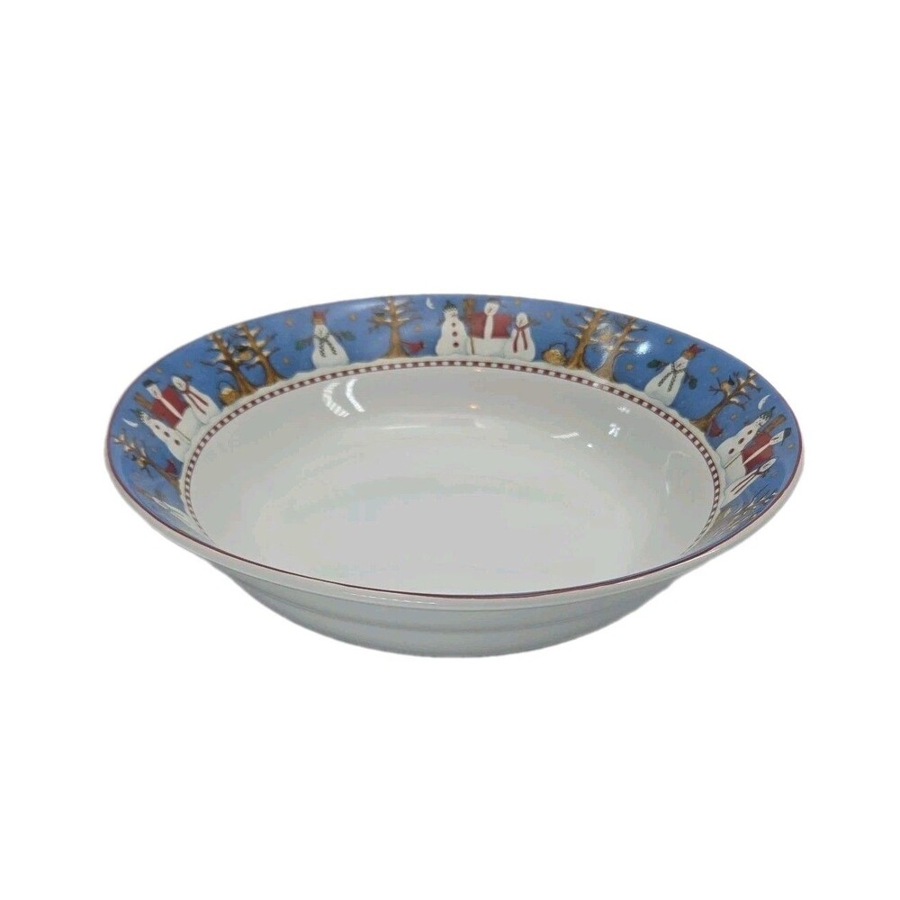 Sakura Snowman Serving Bowl 1998 Country Farmhouse Blue Debbie Mumm 9.5"